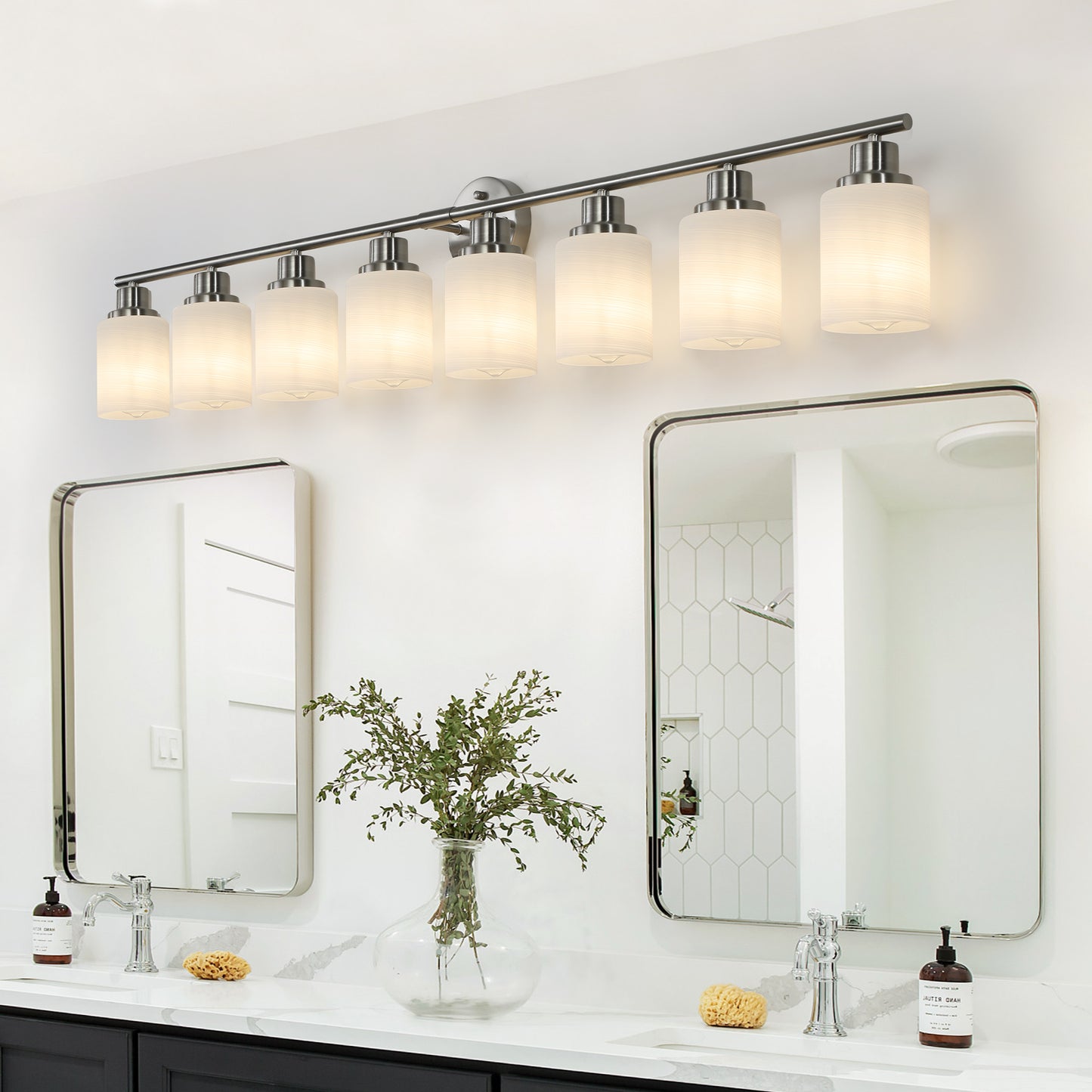 YANSUN Modern 8-Light Vanity Wall Sconce, Brushed Nickel Finish with Frosted Glass Shades for Bathroom or Hallway Lighting (No Bulbs)