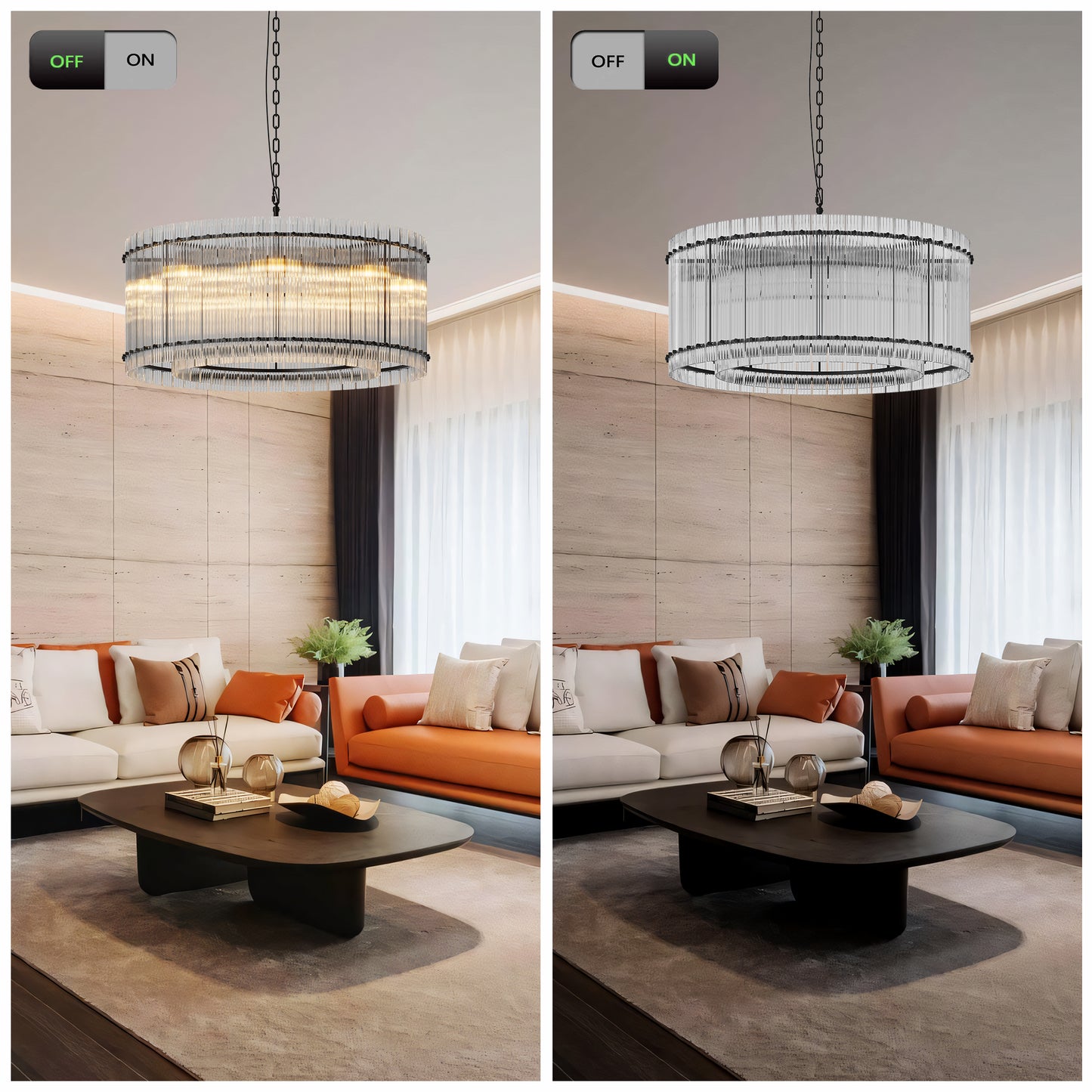 YANSUN 37in. Black 2-Tier 8-Light Water Ripple Crystal Chandelier Modern Ceiling Light for Dining Room Living Room Bedroom Foyer High Ceiling