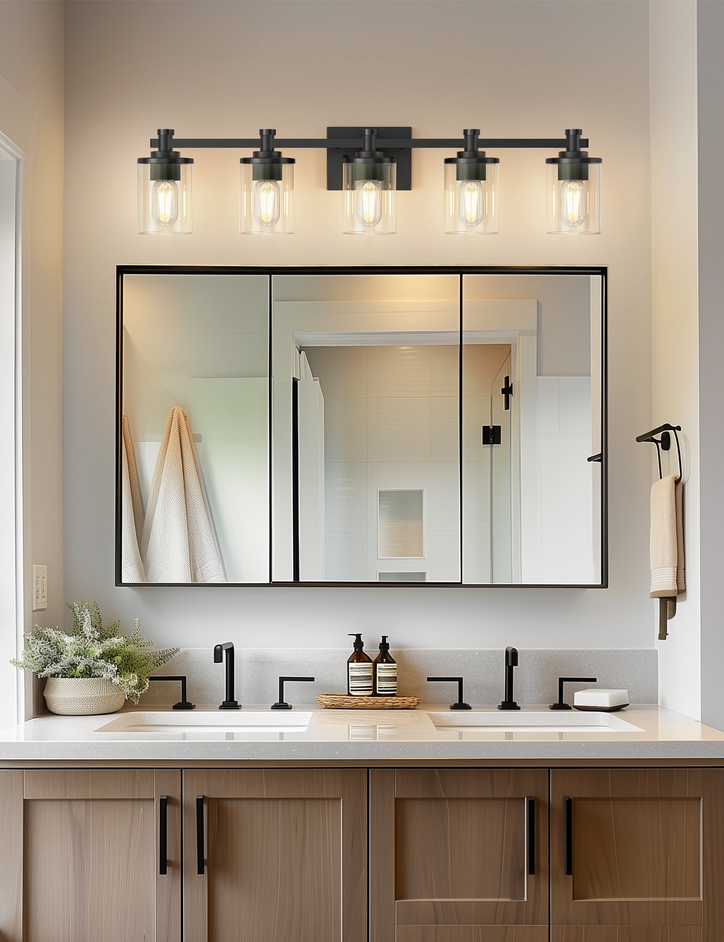YANSUN 33 in. 5-Light Black Bathroom Vanity Light for Bathroom Bedroom or Hallway with Clear Glass Shades