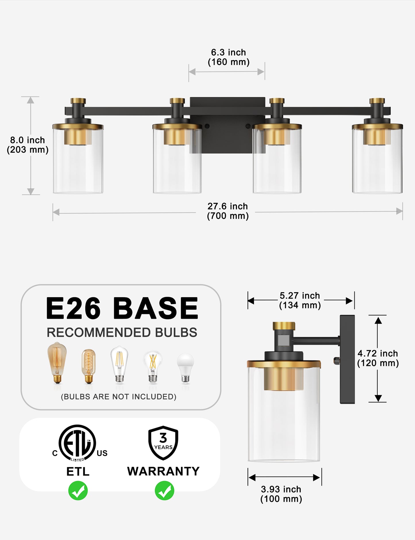 YANSUN 27.6 in. 4-Light Black and Gold Vanity Light Modern Wall Sconce with Clear Cylinder Glass Shades, E26 Bathroom Fixture
