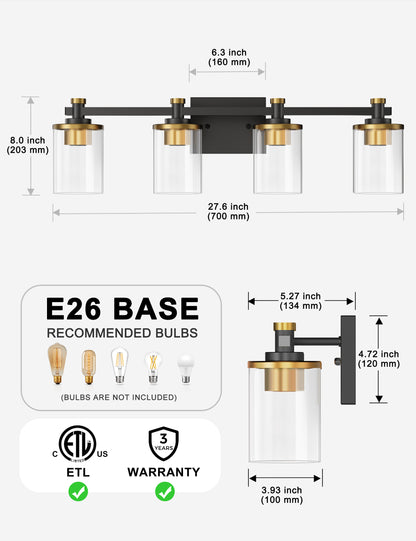 YANSUN 27.6 in. 4-Light Black and Gold Vanity Light Modern Wall Sconce with Clear Cylinder Glass Shades, E26 Bathroom Fixture