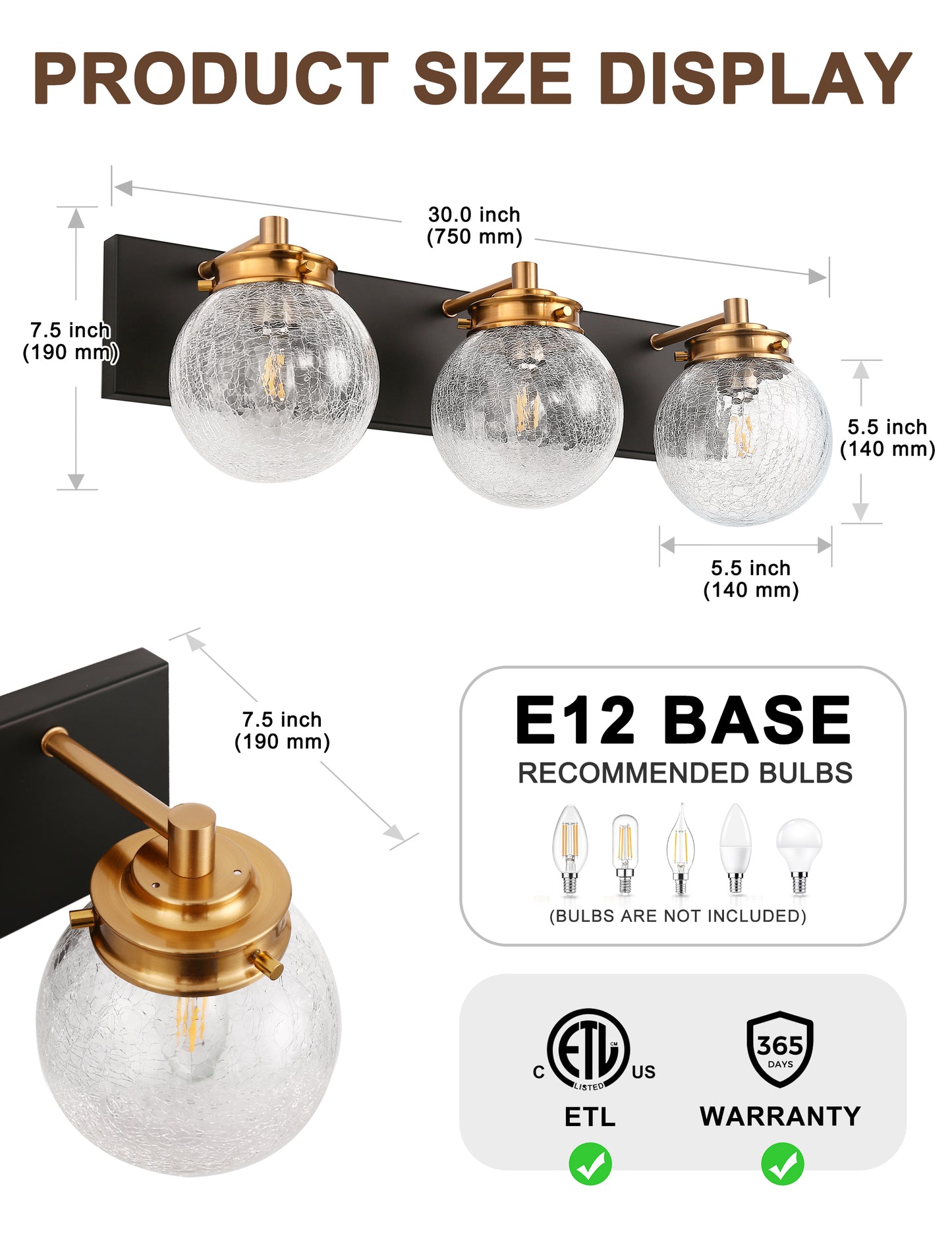 YANSUN 22 in. 3-Light Modern Black and Gold Vanity Light with Crackle Glass Wall Perfect for Vanity Powder Room Dressing Room