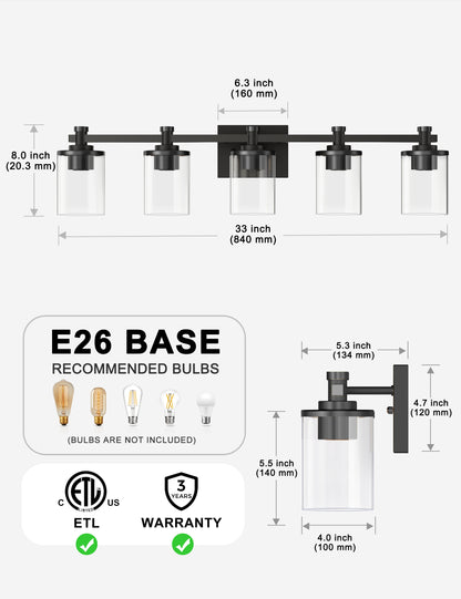 YANSUN 33 in. 5-Light Black Bathroom Vanity Light for Bathroom Bedroom or Hallway with Clear Glass Shades