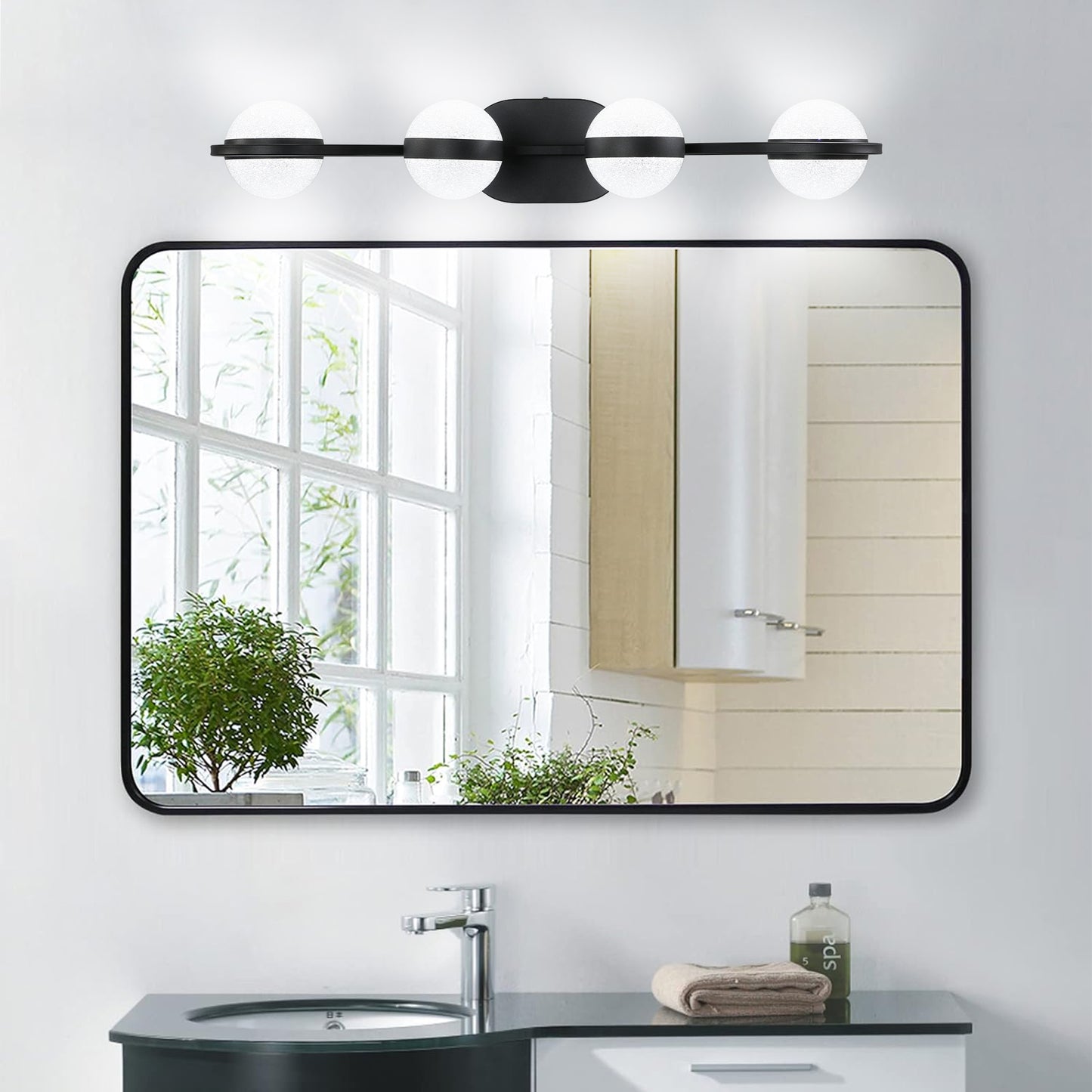 YANSUN 30"Black LED Bathroom Vanity Light with Crystal Sand Acrylic Shades, 4-Ligh Decorative WallLighting Fixturefor Bathroom Vanity Mirror