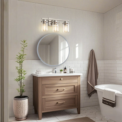 YANSUN 3-Light Vanity Light Wall Sconce in Satin Nickel with Straight Rod and Clear Glass Shades, E26 Base, No Bulbs Included