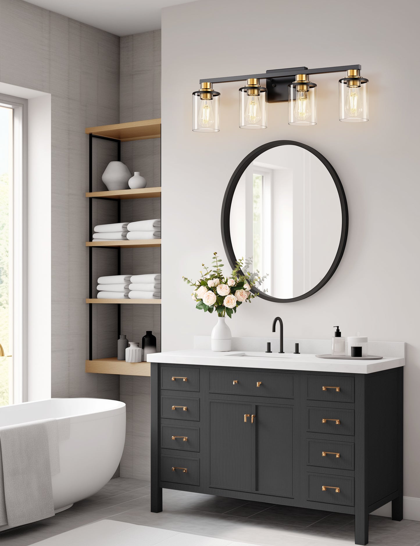 YANSUN 27.2 in. 4 Light Black and Gold Vanity Light with Clear Globe Glass Shades and Square Backplate for Bathroom