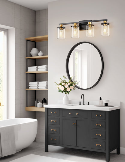 YANSUN 27.2 in. 4 Light Black and Gold Vanity Light with Clear Globe Glass Shades and Square Backplate for Bathroom
