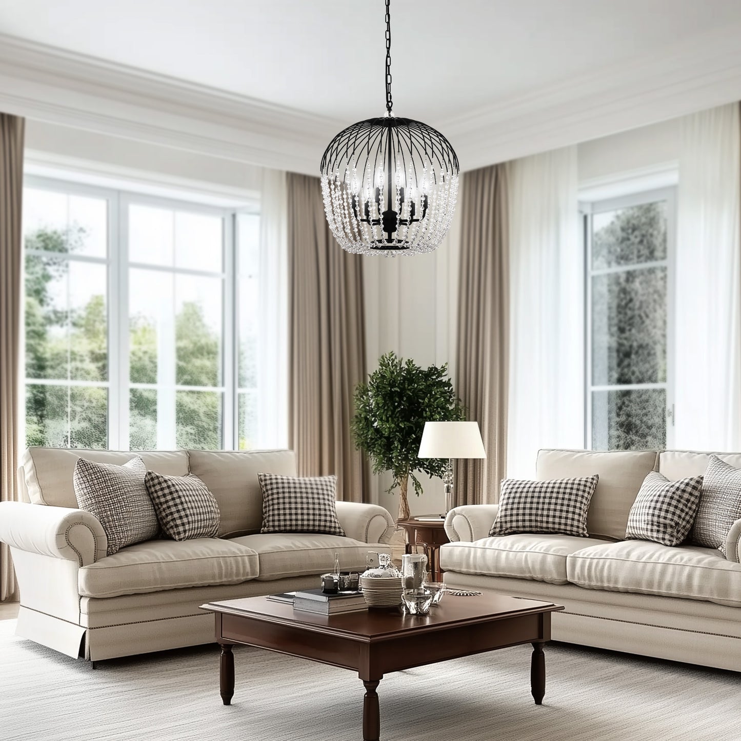 YANSUN 6-Light Black Crystal Pendant Light, Modern Statement Chandelier with E12 Base for Living Room or Dining Room