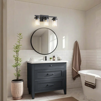 YANSUN 18 in. 3-Light Black Vanity Light with Cylinder Clear Glass Shade for Bathrooms Powder Rooms or Dressing Rooms