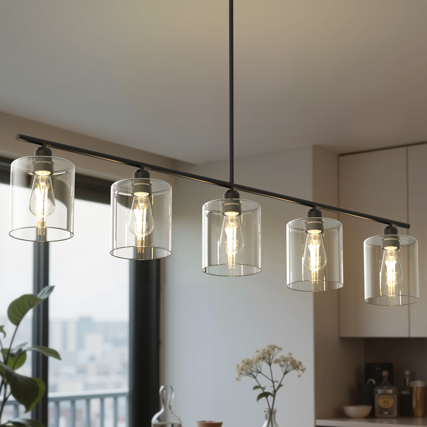 YANSUN 5-Light   Black  Kitchen Island Pendant Light with Clear Glass Shades No Bulbs Included
