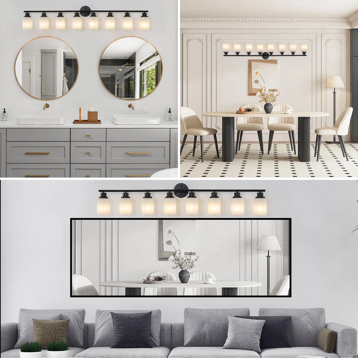 YANSUN Black & White Modern Bathroom Vanity Light, 8-Light Wall Sconce, Iron & Frosted Glass, E26 Base, Hard-Wired (Bulbs Not Included)