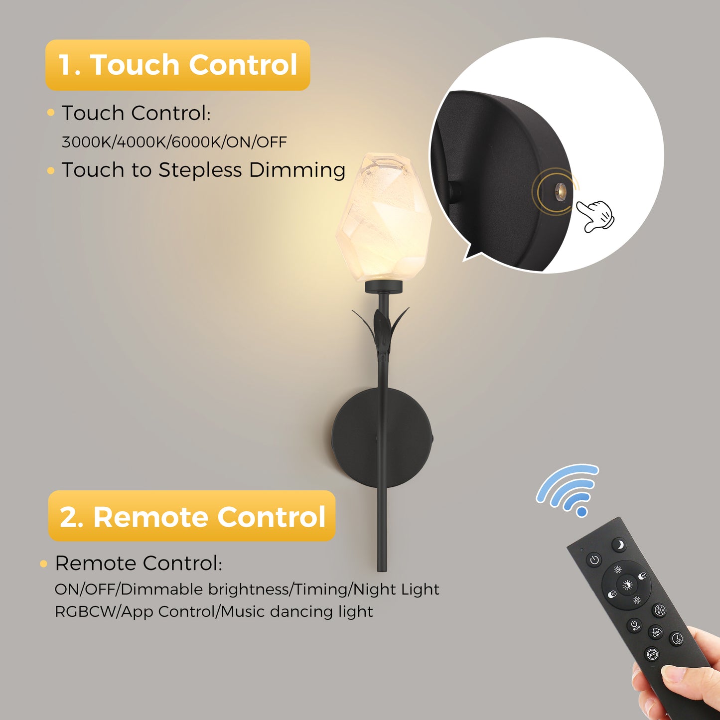 YANSUN 2-Pack Floral Art Glass Black LED Wall Sconce RGBCW Remote Control Remote Timer Dimmable Wall Light for Living Room