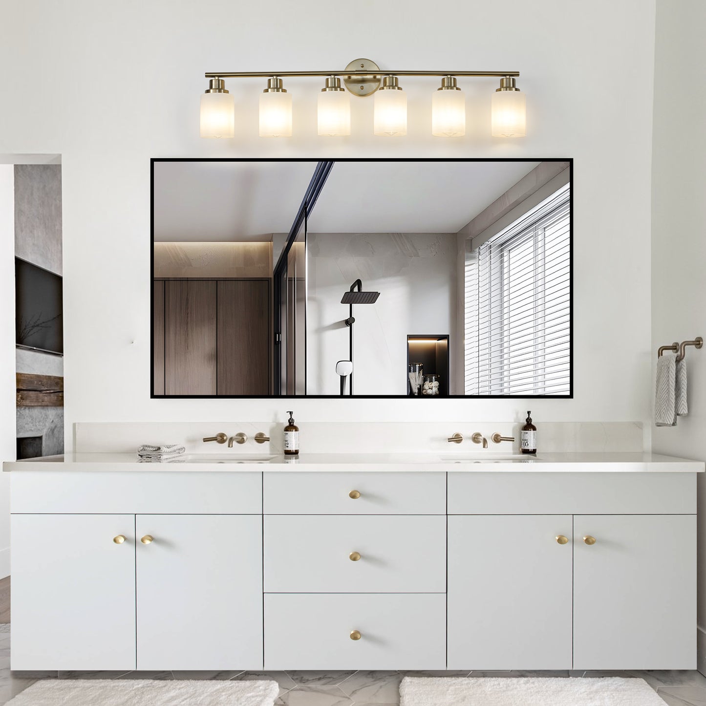 YANSUN Golden Modern Minimalist Bathroom Vanity Light, 6-Light Wall Sconce, Iron & Glass, E26 Base, Hard-Wired (Bulbs Not Included)