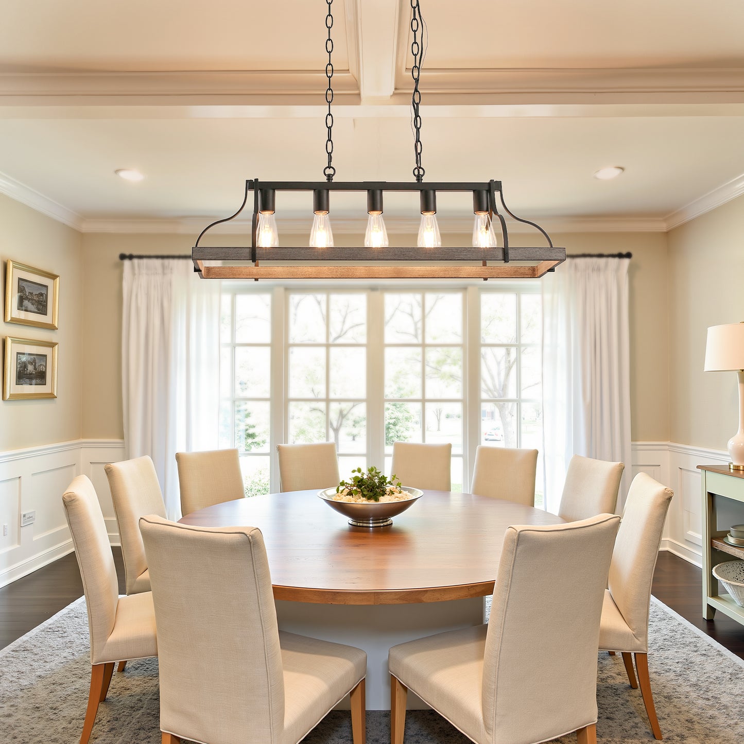 YANSUN 5-Lights Rustic Wood Gray Chandelier Kitchen Island Pendant Light with E26 Base for Kitchen Dining Room No Bulb Included