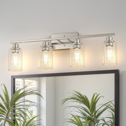YANSUN 32 in. 4 Light Brushed Nickel Vanity Light with Clear Glass Cylinder Shades for Bathroom or Dressing Area