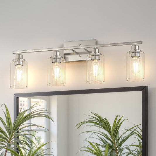 YANSUN 32 in. 4 Light Brushed Nickel Vanity Light with Clear Glass Cylinder Shades for Bathroom or Dressing Area