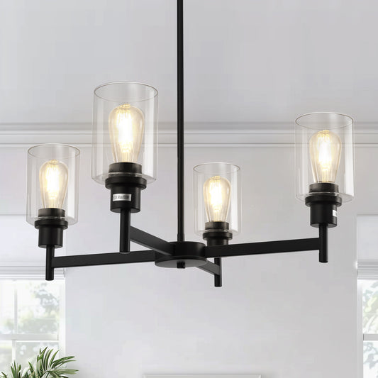YANSUN 4-Light Black Chandelier with Adjustable Height featuring Elegant Glass Shades suitable for Dining Room Kitchen Foyer