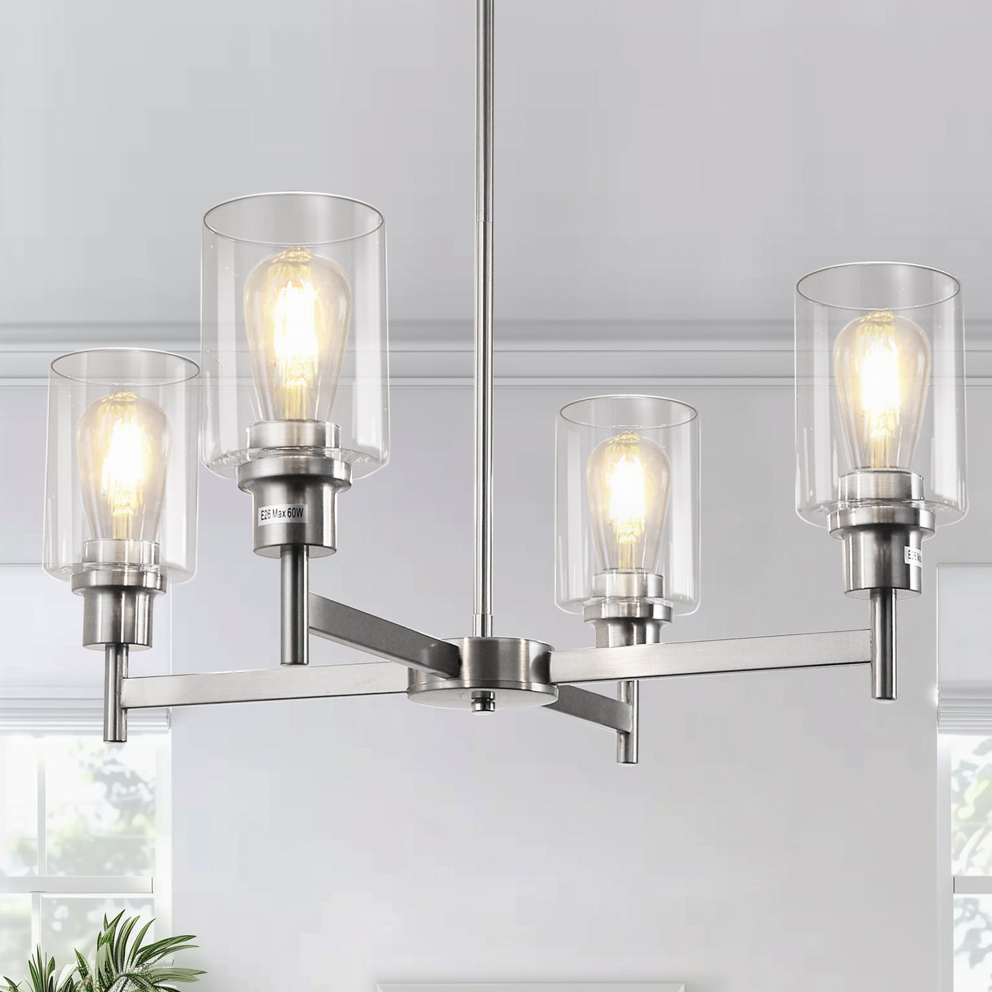 YANSUN 4-Light Brushed Nickel Chandelier with Adjustable Height, featuring Glass Shades, perfect for Dining Room or Entryway