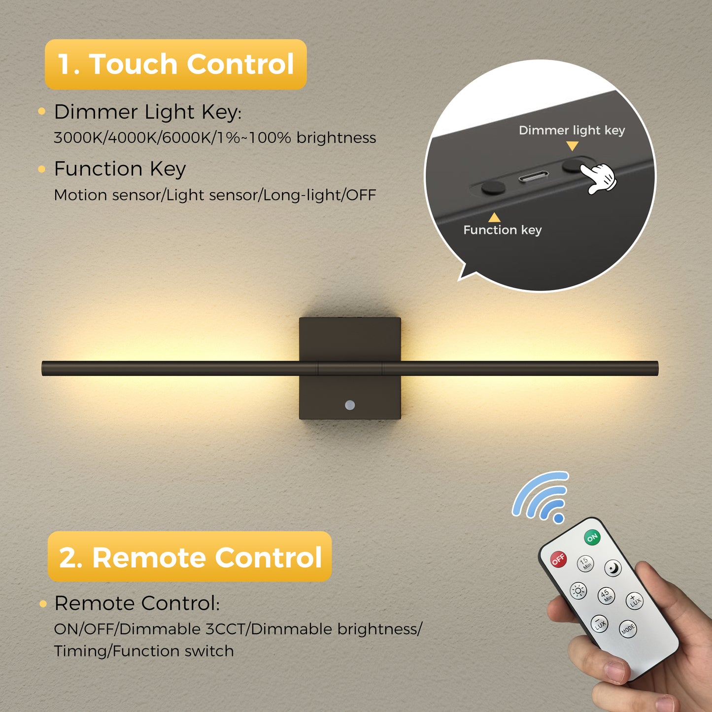 YANSUN 2-Pack 28.3in Rechargeable LED Wall Sconce Matte Black Indoor Wall Light with Remote Motion Sensor Dimmable 3CCT Night Light