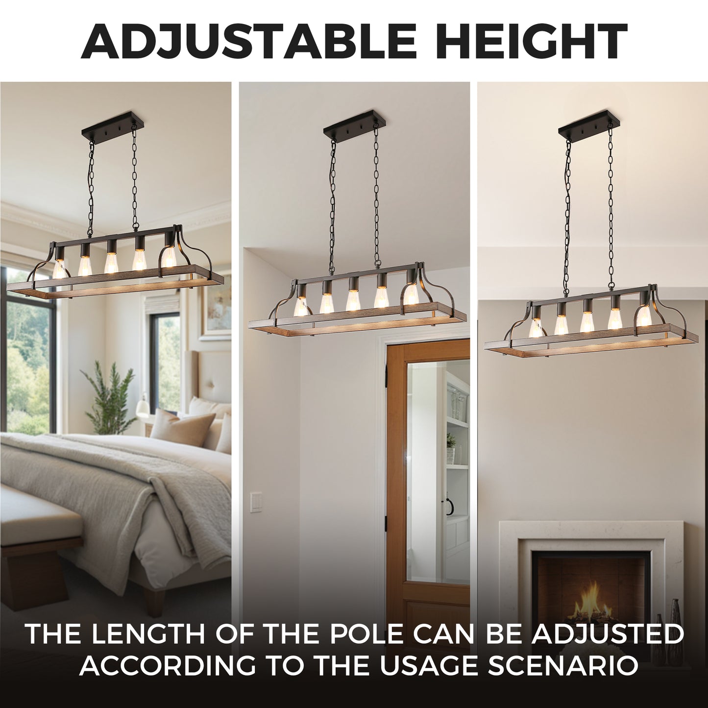 YANSUN 5-Lights Rustic Wood Gray Chandelier Kitchen Island Pendant Light with E26 Base for Kitchen Dining Room No Bulb Included