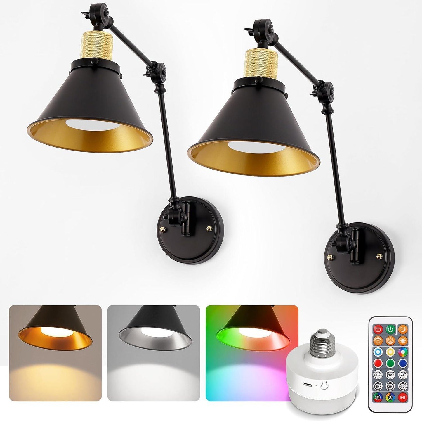 YANSUN 7 in. Industrial Wall Sconce 2-Pack Black and Gold Vintage Swing Arm Wall Mount Light for Bedroom, Living Room or Office