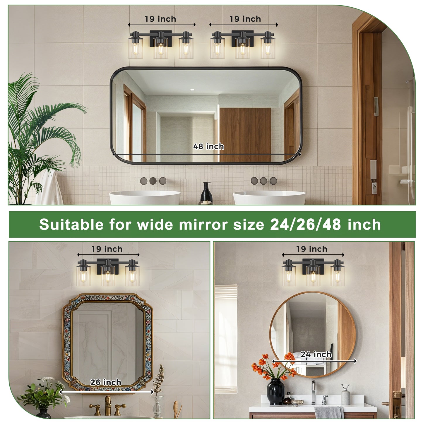 YANSUN 20 in. 3-Light Matte Black Damp Rated Vanity Light Clear Glass Shade with Dimmable No Bulbs Included