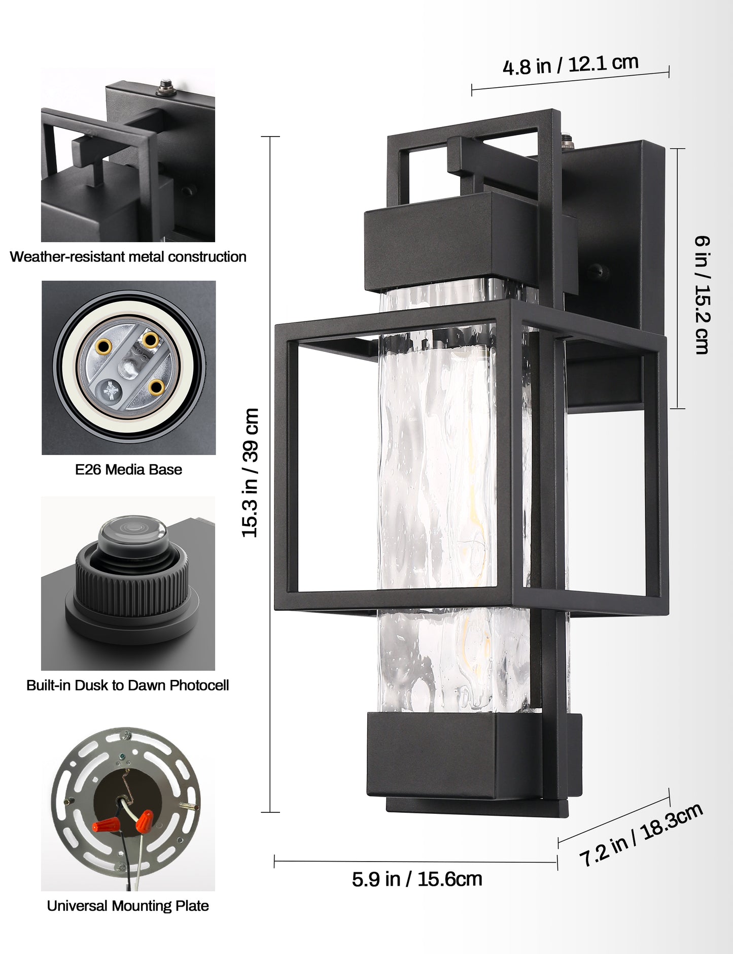 YANSUN 1-Light Black Outdoor Wall Lantern Sconce with Water Glass Shade, Hardwired Fixture with Photocell Sensor for Porche