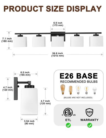 YANSUN 40 in. 5 Light Matte Black Vanity Light with White Glass Shades for Bathroom and No Bulbs Included