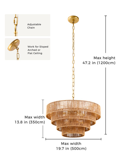 YANSUN  6-Light Boho Chandelier with Woven Rattan Shades, Copper Finish Multi-Tier Decorative Hanging Fixture
