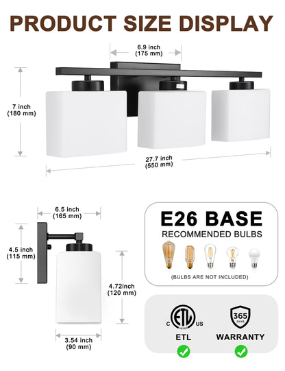 YANSUN 22 in. 3 Light Matte Black Vanity Light for Bathroom Bedroom Living Room with White Shades