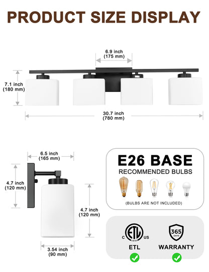 YANSUN 31 in. 4 Light Matte Black Vanity Light for Vanity Powder Room Dressing Room with White Glass Shades
