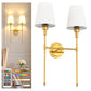 YANSUN 16 in. 2-Light Gold Indoor Wall Sconce, Dimmable Wall Light with White Shade for Living Room
