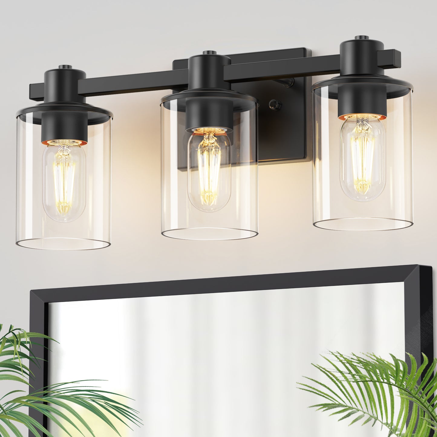 YANSUN 20 in. 3-Light Matte Black Damp Rated Vanity Light Clear Glass Shade with Dimmable No Bulbs Included
