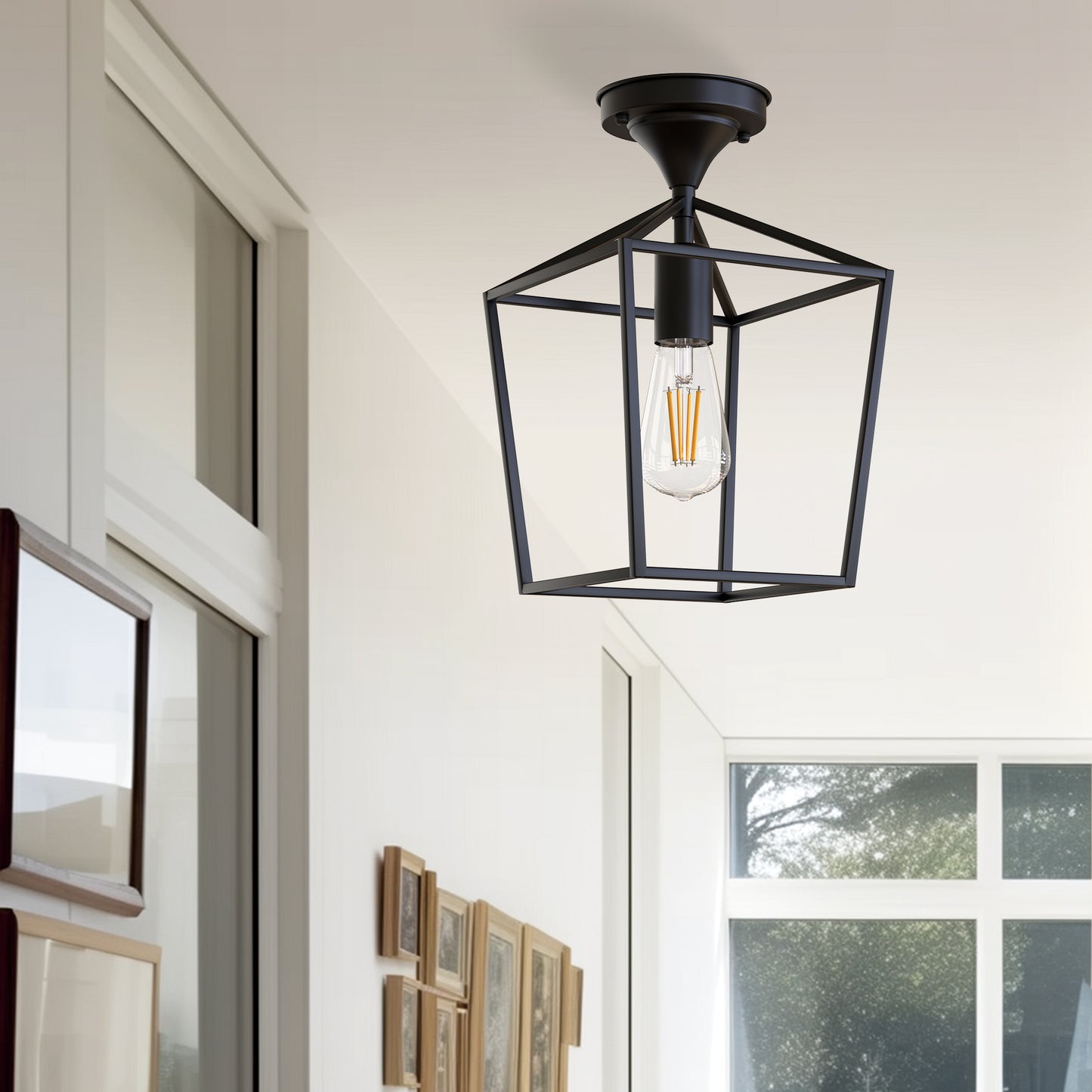 YANSUN 7 in. 1-Light Black Modern Industrial Lantern Semi Flush Mount Ceiling Light
