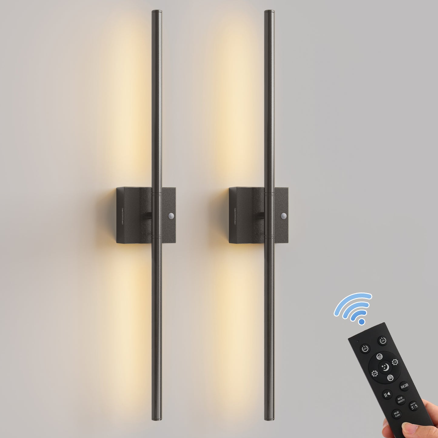 YANSUN 2-Pack 28.3in Rechargeable LED Wall Sconce Matte Black Indoor Wall Light with Remote Motion Sensor Dimmable 3CCT Night Light