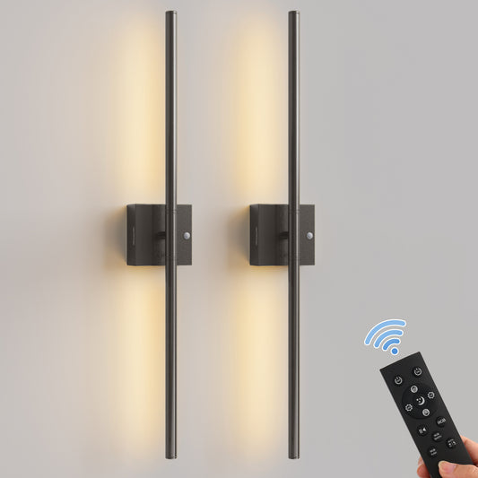 YANSUN 2-Pack 28.3in Rechargeable LED Wall Sconce Matte Black Indoor Wall Light with Remote Motion Sensor Dimmable 3CCT Night Light