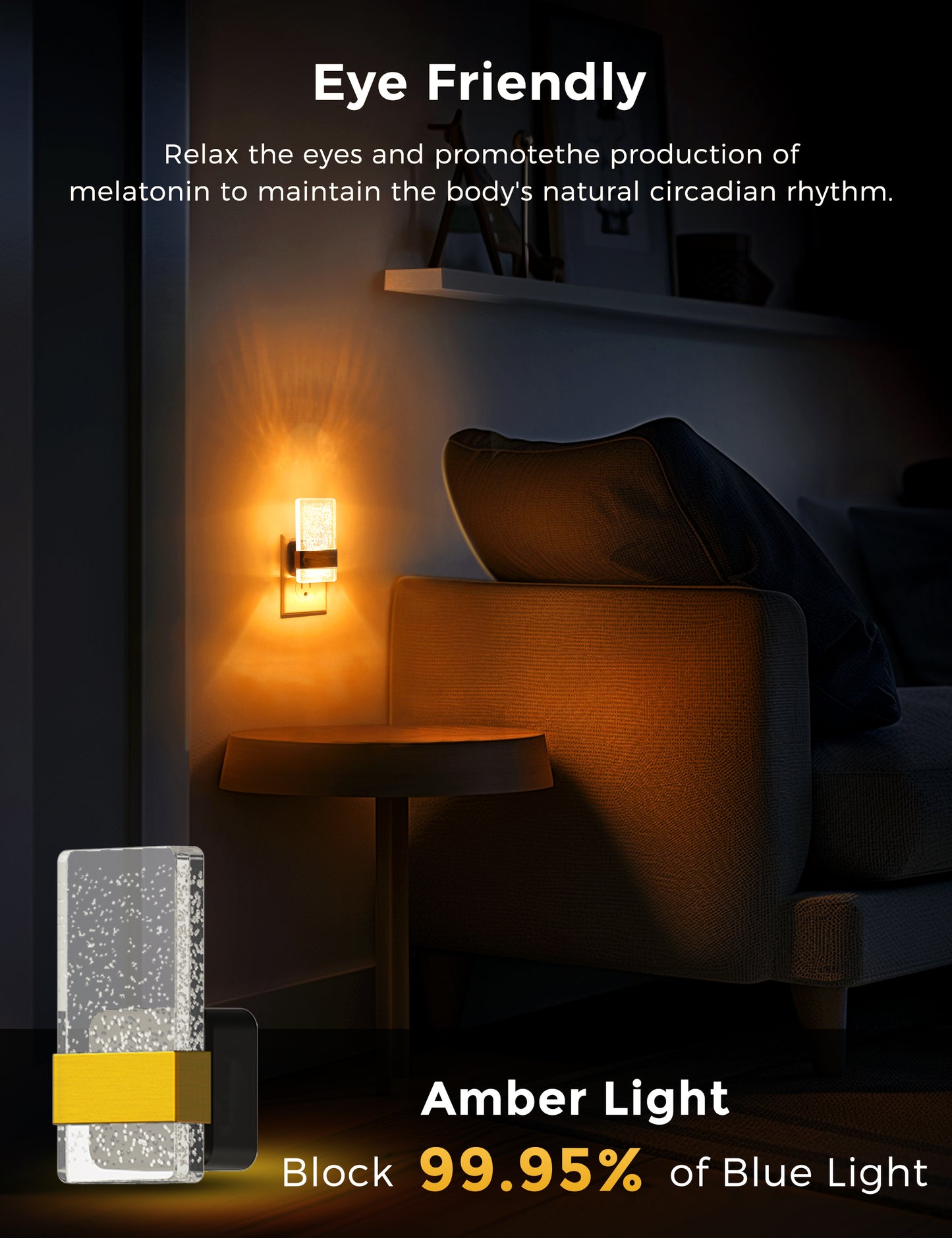 YANSUN 1-Watt Acrylic Square  Plug-in Integrated LED Night Light with Sliding Dimmer, Amber 1600K, Black & Copper, 2-Pack