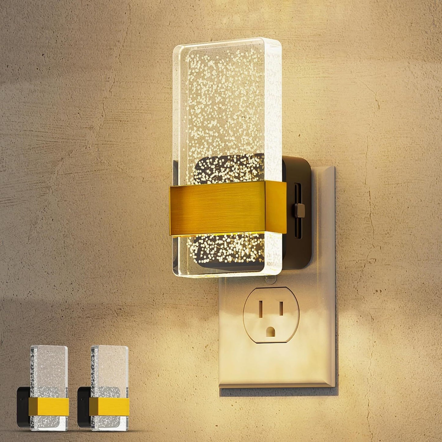 YANSUN 2-Pack 1W Dusk to Dawn Plug-in Night Lights Modern Acrylic Warm White 2700K Dimmable LED Night Lights with Gold Accent for Hallway Bedroom
