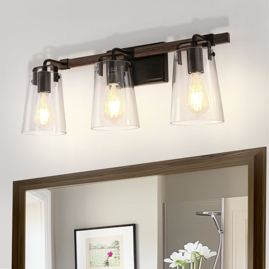 YANSUN 24 in. 3-Light Black and Faux Wood Vintage Farmhouse Vanity Light with Clear Glass Bell Shades for Bathroom