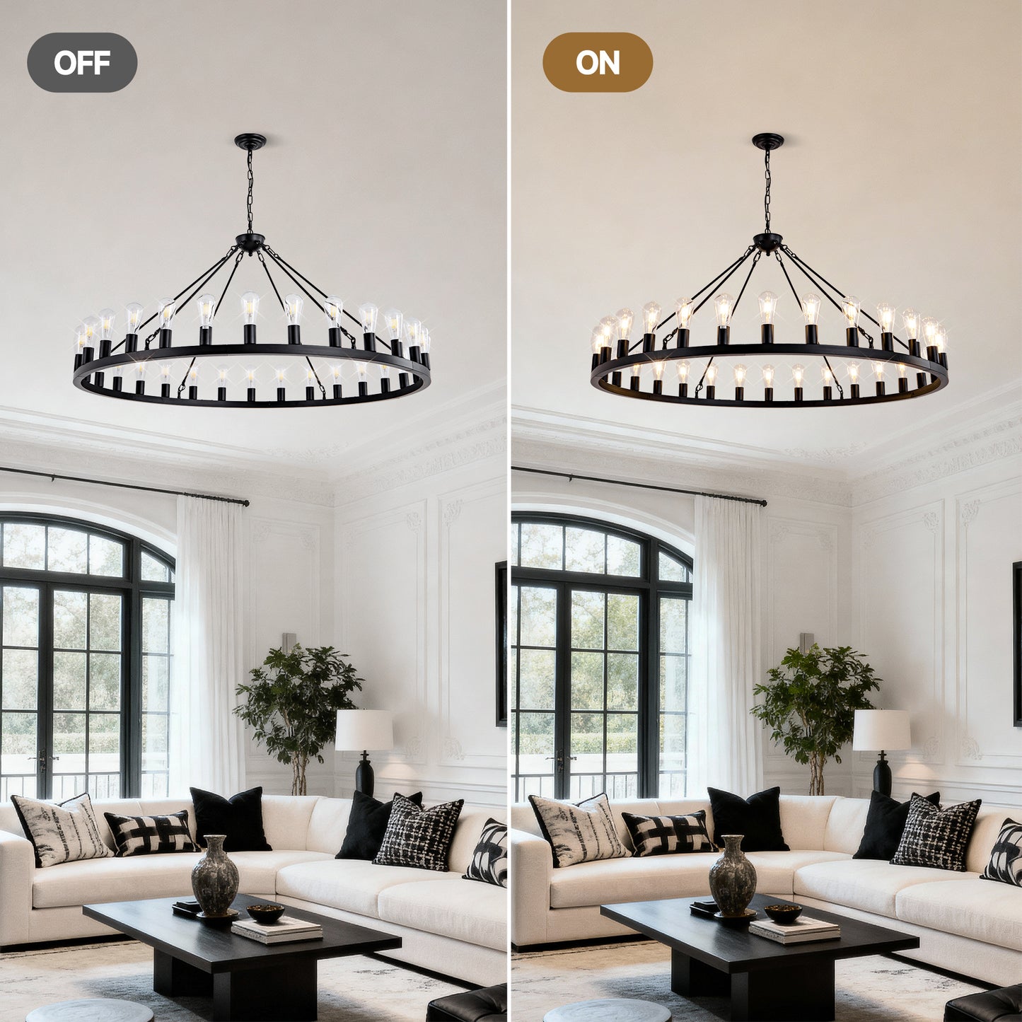 YANSUN 64in. Matte Black Wagon Wheel Chandelier 30-Light E26 Farmhouse Industrial Pendant Light for High Ceiling Dining Room (No Bulbs)