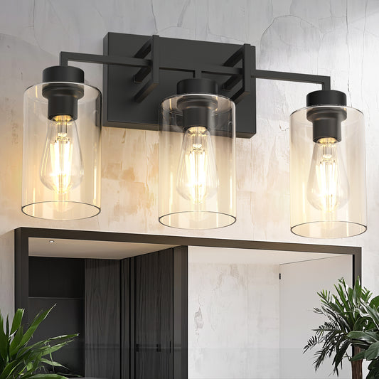 YANSUN 18 in.  3-Light Black Farmhouse Bathroom Vanity Light with Glass Shades