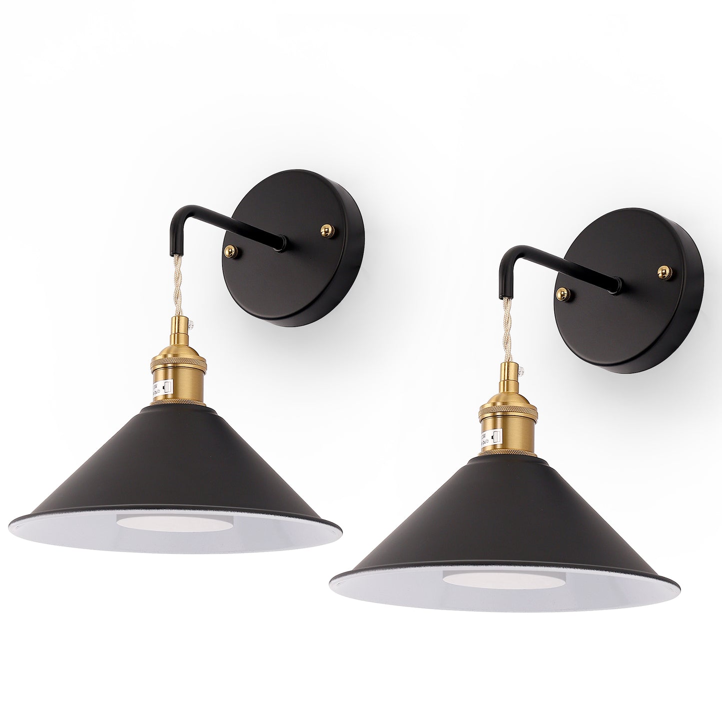 YANSUN 9 in. Cone Shade Black Metal Sconce Lighting with Bulbs (2-Pack), Wall Mounted Lamp for Living Room, Bedroom, or Hallway