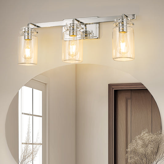 YANSUN 23.7 in. 3 Light Chrome Vanity Light with Clear Glass Shades and E26 Sockets for Bathroom Use