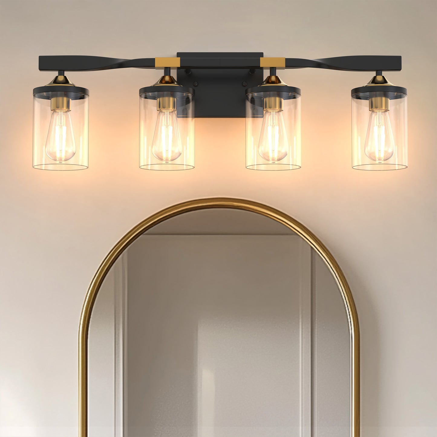 YANSUN 26 in. 4-Light Black and Gold Vanity Light with Clear Glass Shades for Bathroom