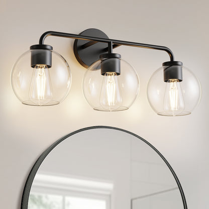 YANSUN 22.7 in. 3 Light Black Vanity Light with Clear Globe Shades Modern Round Wall Mount Wall Light for Bathroom E26 Base