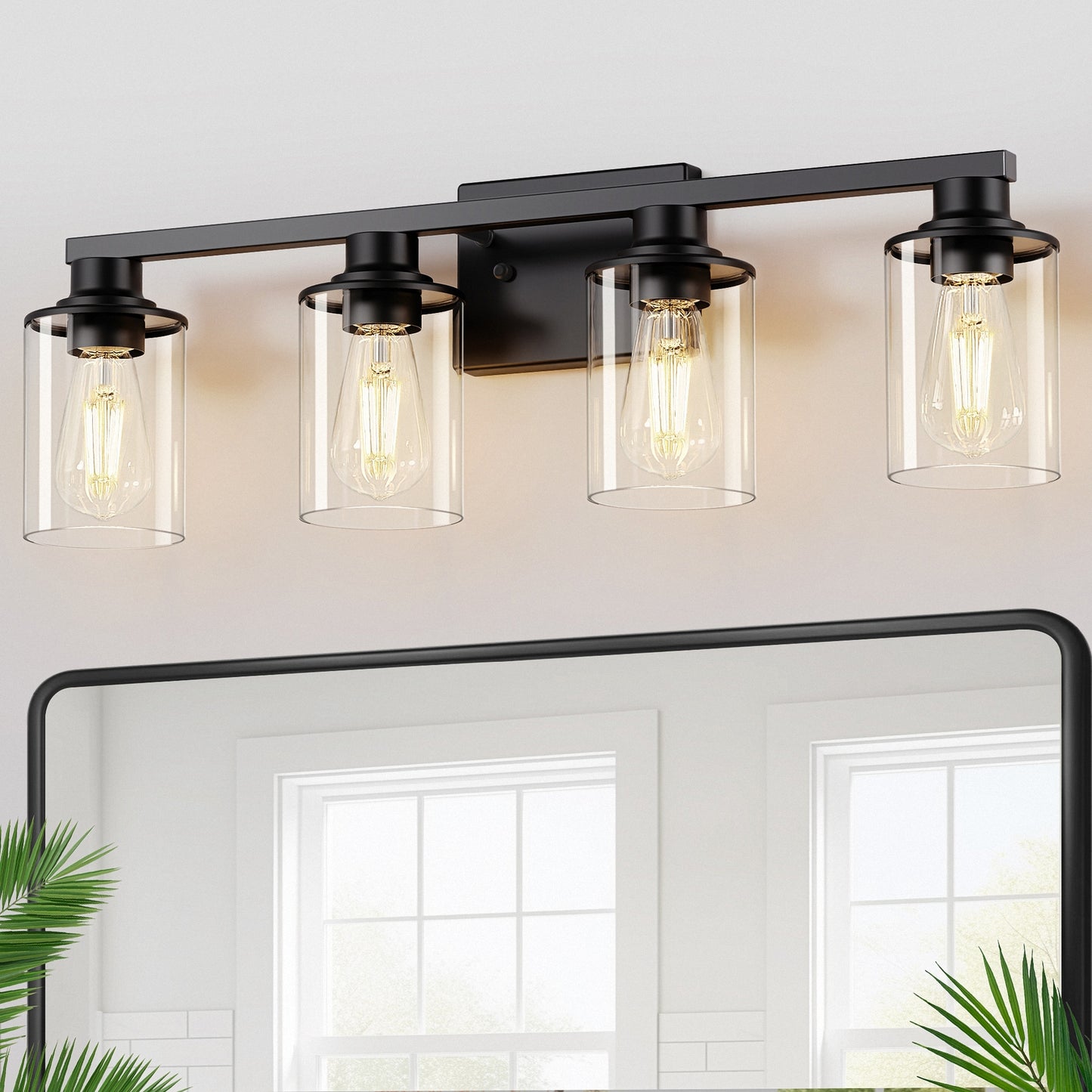 YANSUN 4 Light Matte Black Vanity Light with Clear Tube Glass Shades for Bathroom Mirror E26 Base