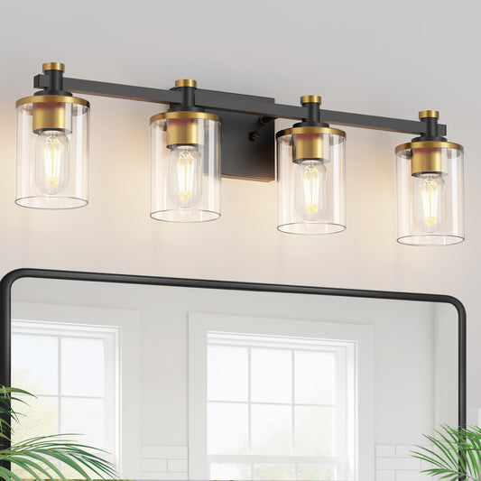 YANSUN 27.6 in. 4-Light Black and Gold Vanity Light Modern Wall Sconce with Clear Cylinder Glass Shades, E26 Bathroom Fixture