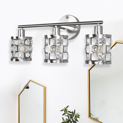 YANSUN 19.88 in. 3-Light Brushed Nickel Modern Industrial Bathroom Vanity Light Over Mirror with Crystal Shade