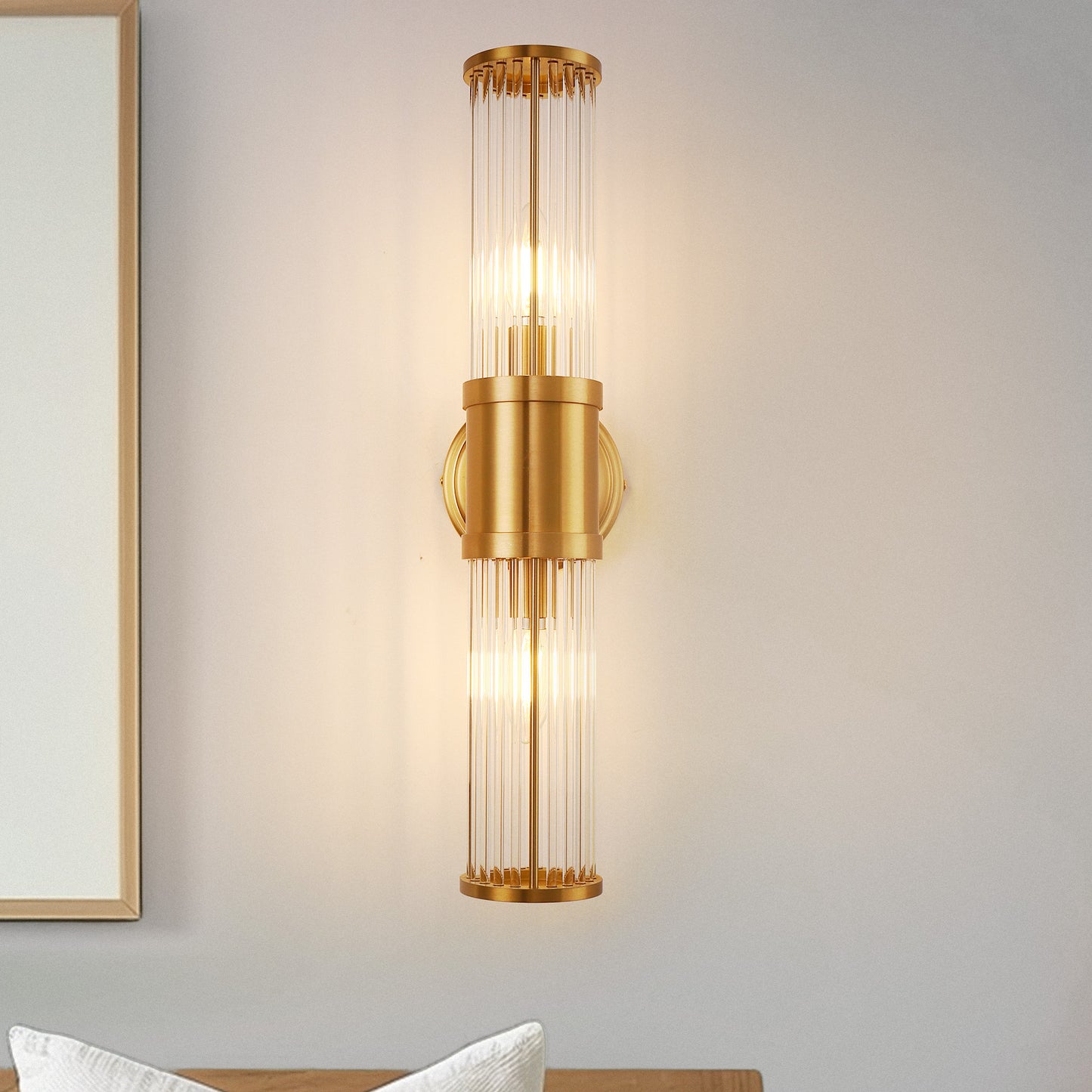 YANSUN 3 in. 2-Light Crystal Modern Vanity Light, Brass Bathroom Wall Sconce, Vertical Horizontal Wall Mount Lighting