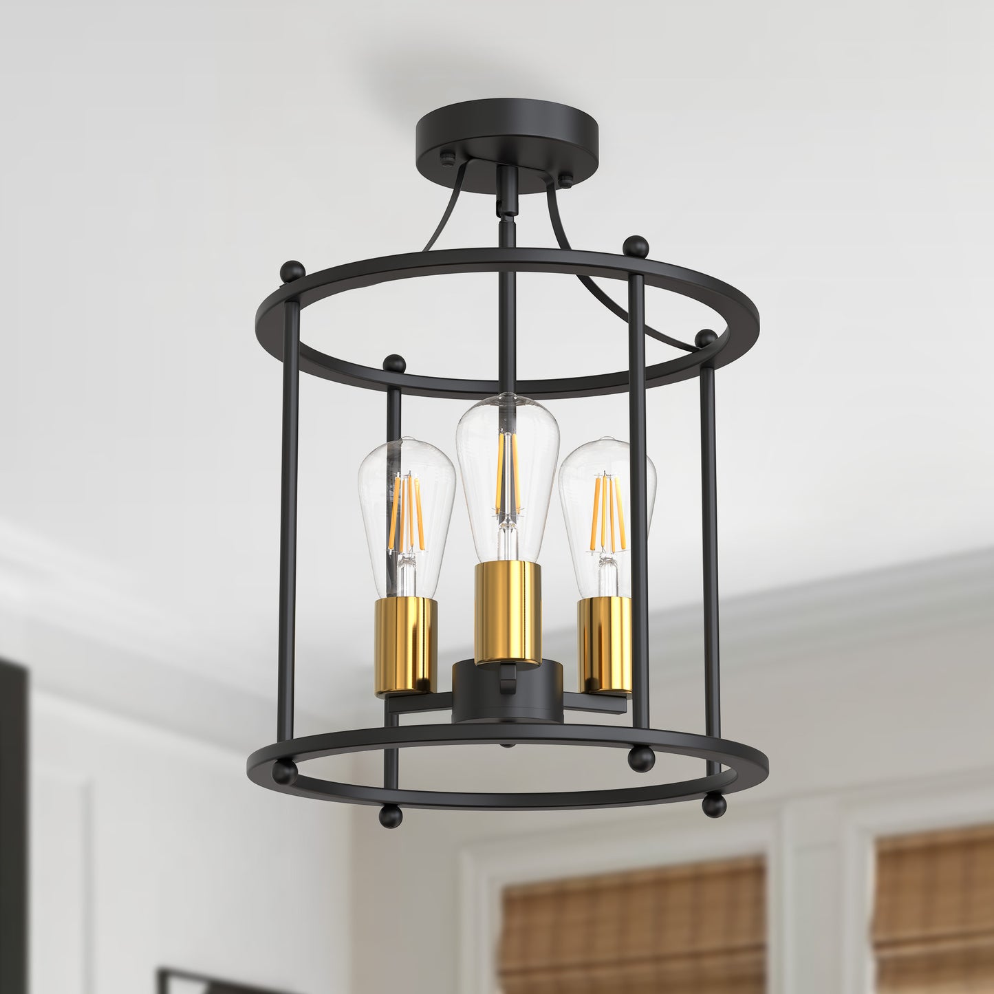 YANSUN 13 in. 3-Light Black and Gold Farmhouse Semi Flush Mount Ceiling Light  Vintage Charm for Dining Room Entryway